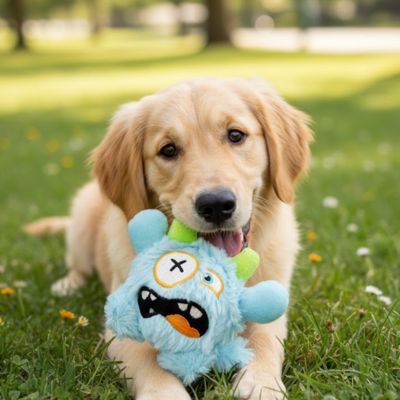Golden Retriever couché dans l'herbe avec un jouet pour chien monstre bleu entre ses pattes.