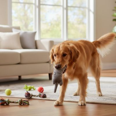 Golden Retriever adulte marchant dans un salon avec un jouet pour chien gris de forme allongée.
