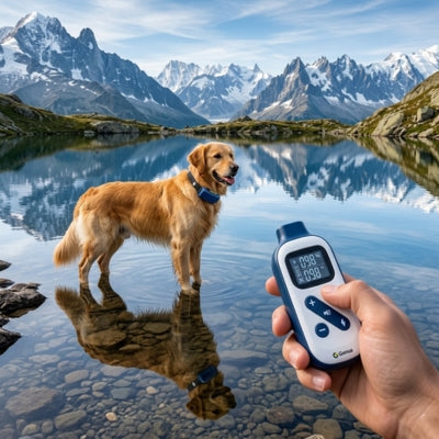 Golden Retriever dans un lac de montagne et télécommande de collier de dressage affichant 098.