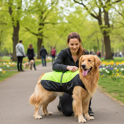 Un golden retriever porte un manteau imperméable pour chien jaune marqué "Sport" au parc.