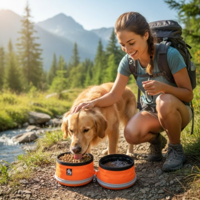 Golden Retriever mangeant dans une gamelle chien orange double lors d'une randonnée en montagne.