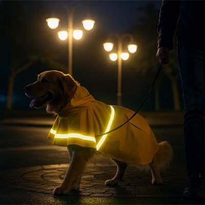 Golden Retriever avec imperméable pour chien jaune réfléchissant, promené de nuit 