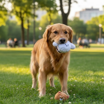 Golden Retriever au parc tenant une balle pour chien en peluche blanche.