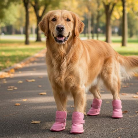 Golden Retriever debout sur un chemin de parc portant une chaussure pour chien rose.