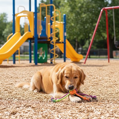 Chien Golden Retriever jouant avec un jouet pour chiens sur le sol d'une aire de jeux.