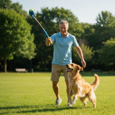 Homme souriant au parc avec un Golden Retriever et un lanceur de balle pour chien bleu.