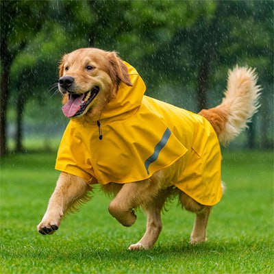 Golden Retriever courant sur une pelouse avec un imperméable pour chien jaune