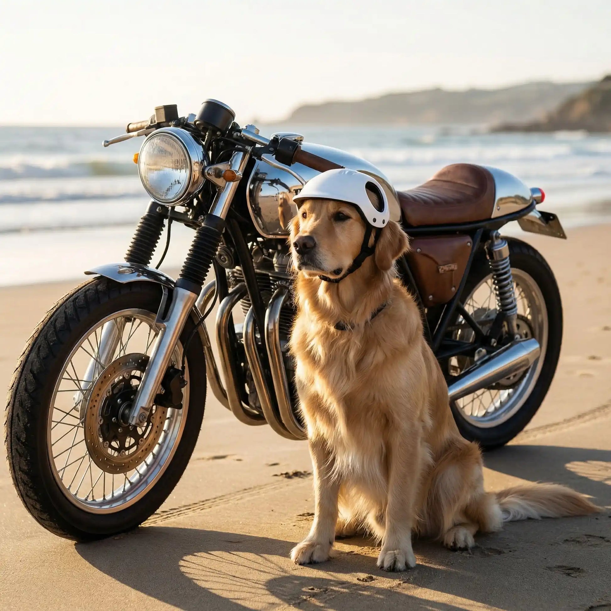 Golden Retriever avec casque moto pour chien blanc devant une moto vintage sur la plage.