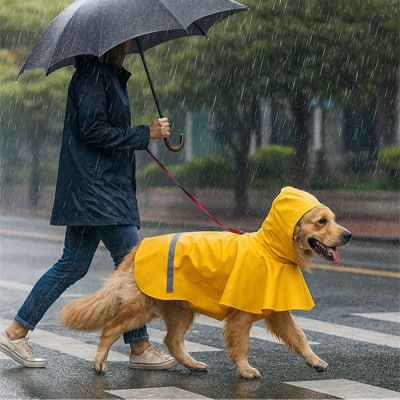 Golden Retriever portant un imperméable pour chien jaune sous la pluie