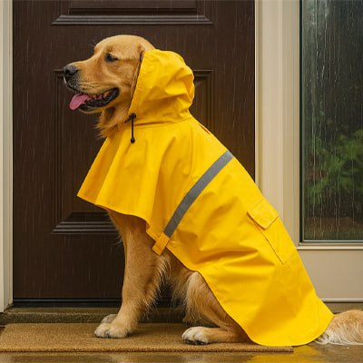 Golden Retriever assis devant une porte avec un imperméable pour chien jaune