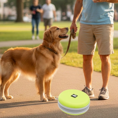 Golden Retriever en laisse au parc avec une gamelle chien verte en format voyage fermé.