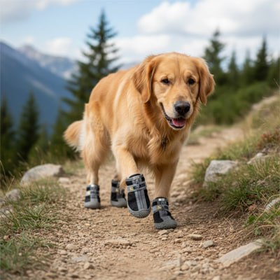 Golden Retriever marchant sur un sentier de randonnée en montagne portant des chaussures pour chien.