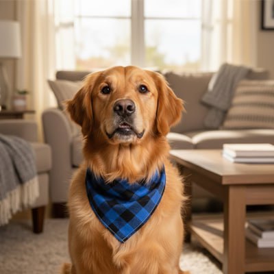 Golden Retriever assis dans un salon portant un bandana pour chien à carreaux bleu et noir.