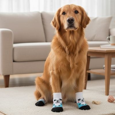 Golden Retriever assis sur un tapis avec des chaussettes pour chien au motif panda.