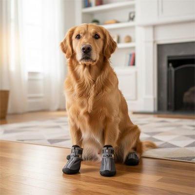 Golden Retriever assis dans un salon devant une cheminée portant des chaussures pour chien.