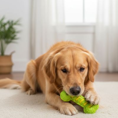 Golden Retriever couché sur un tapis blanc mâchouillant un jouet chien kong vert fluo.