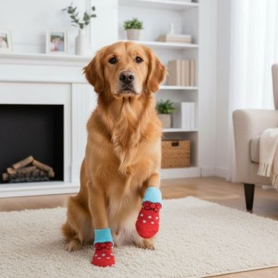 Golden Retriever assis dans un salon, levant une patte portant une chaussette pour chien rouge et bleue.