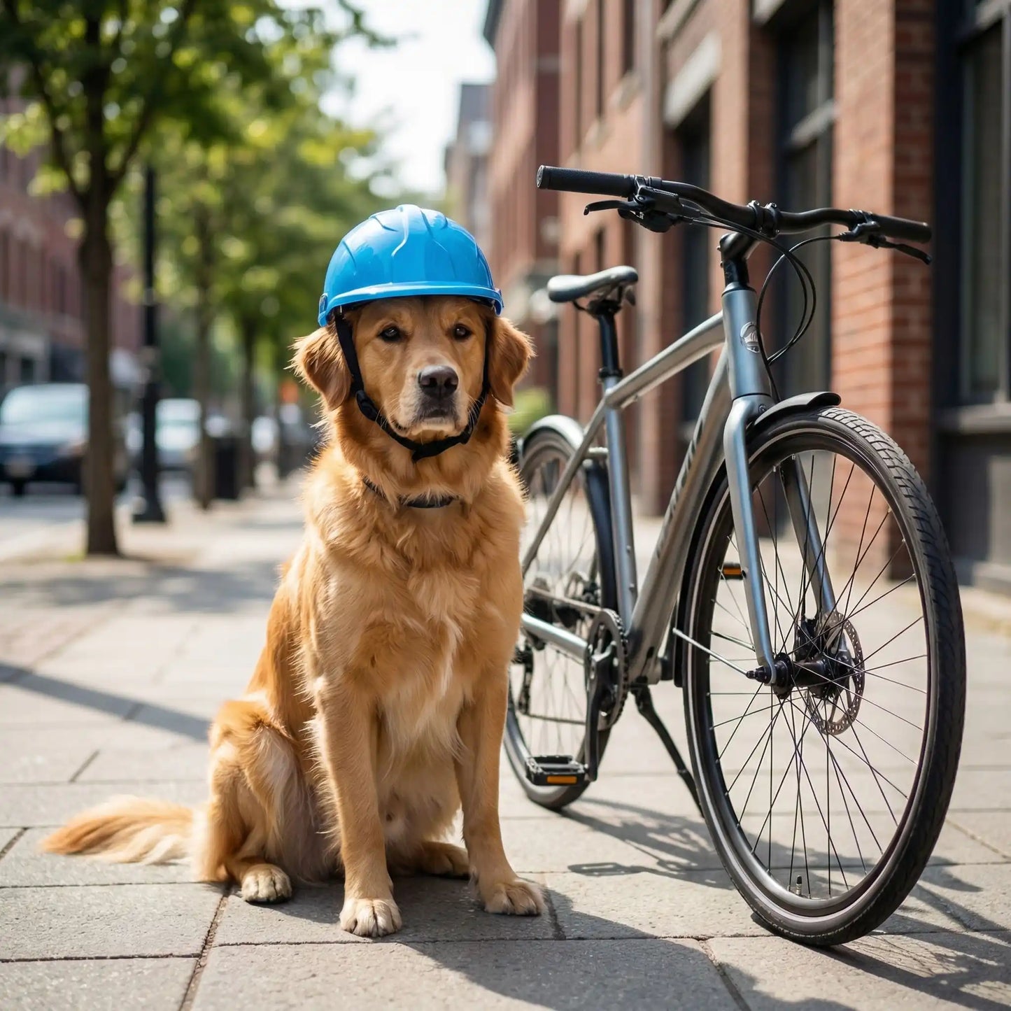 Un Golden Retriever assis portant un casque moto pour chien bleu, avec un vélo de ville derrière.