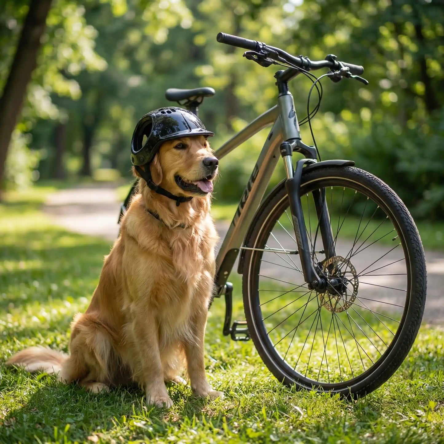 Golden Retriever avec casque moto pour chien noir assis à côté d'un vélo dans un parc.