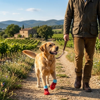 Golden Retriever marchant dans un vignoble avec des chaussettes pour chien rouges et bleues.