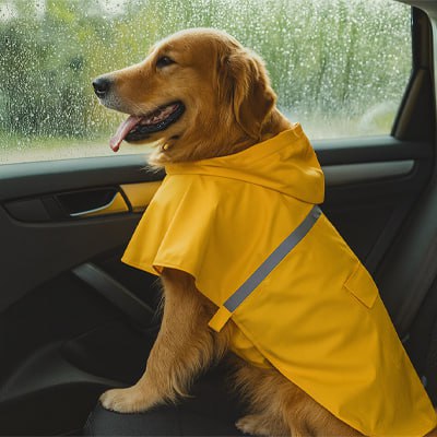 Golden Retriever en imperméable pour chien jaune assis dans une voiture