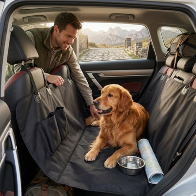 Golden Retriever assis sur une housse pour voiture pour chien avec une gamelle et une carte.
