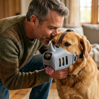 Homme embrassant un Golden Retriever avec une muselière anti aboiement pour chien grise.