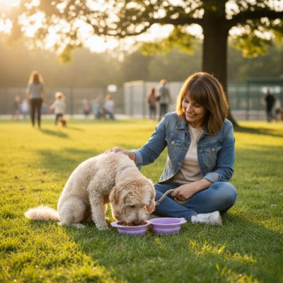 Goldendoodle assis dans l'herbe d'un parc devant une gamelle pour chien violette.