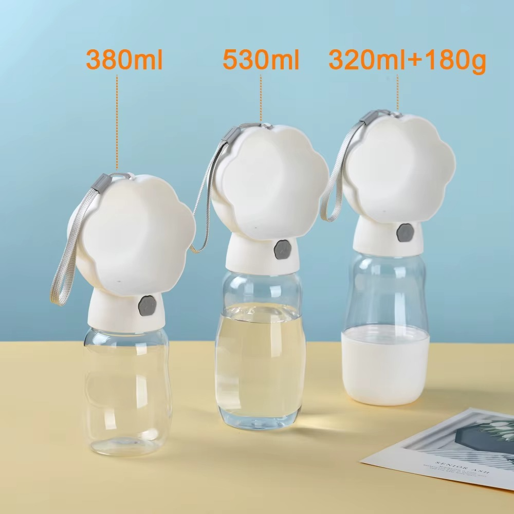 Trois gourdes chien blanches avec indications 380ml, 530ml et 320ml+180g.