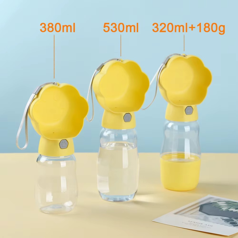 Trois gourdes chien jaunes avec textes 380ml, 530ml et 320ml+180g.