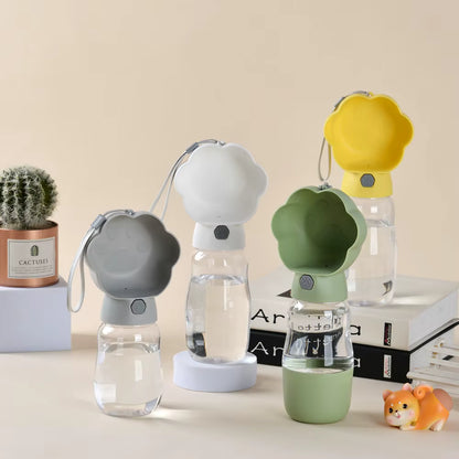 Quatre modèles de gourde chien (gris, blanc, vert, jaune) posés sur des livres.