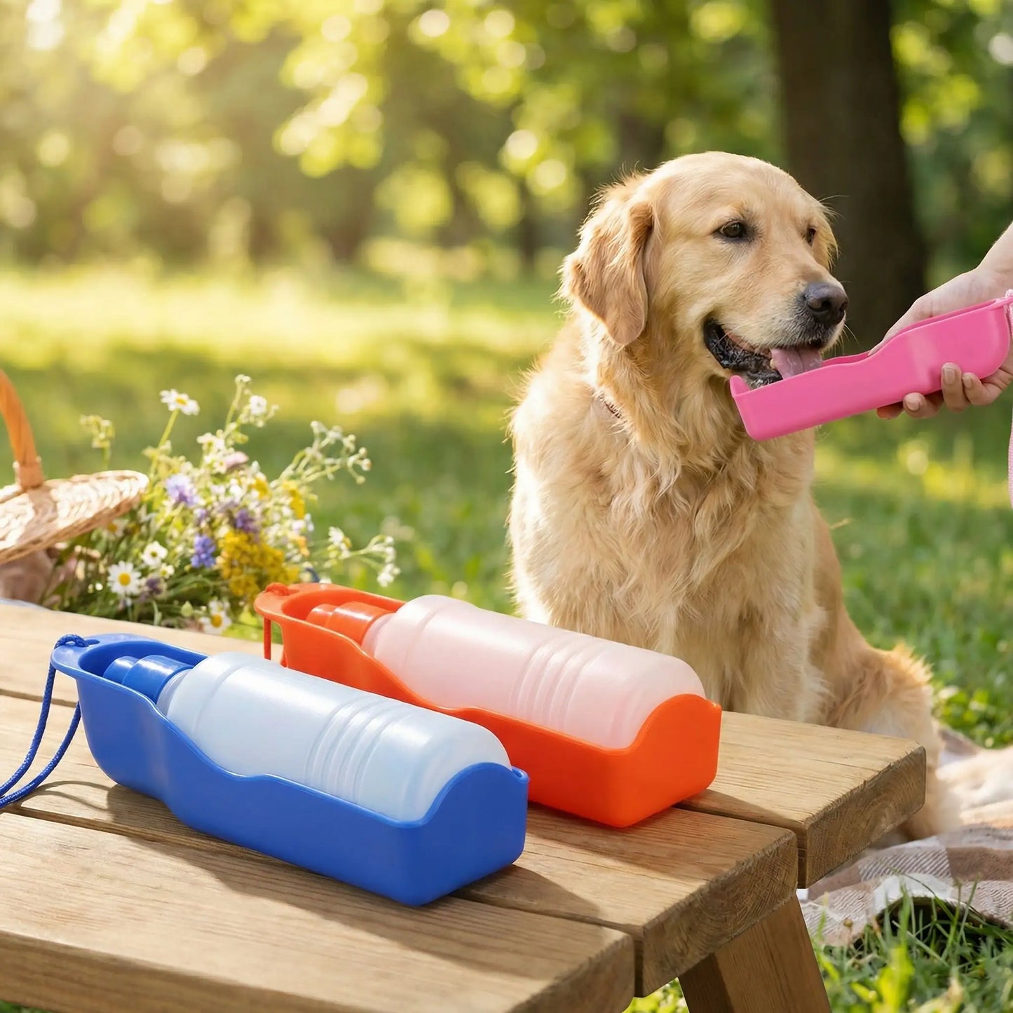 Golden Retriever et gourde chien rose avec modèles bleu et orange posés sur une table en bois.