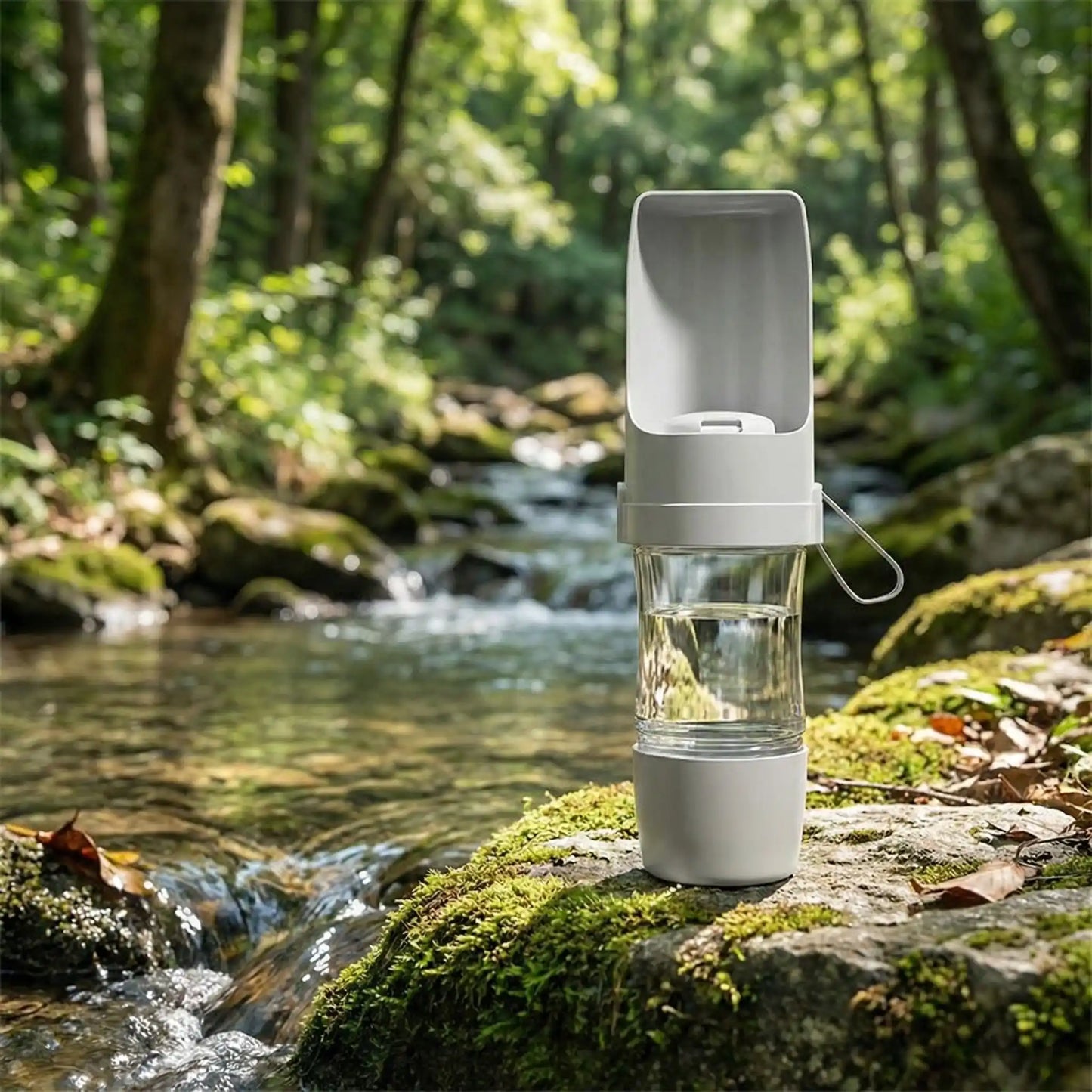 Gourde pour chien grise en gros plan au bord d'un cours d'eau en forêt.