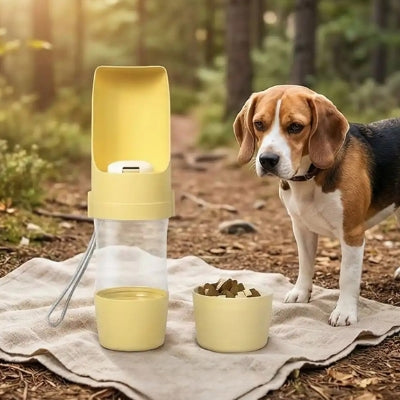Gourde pour chien jaune et bol de croquettes posés près d'un Beagle en forêt.