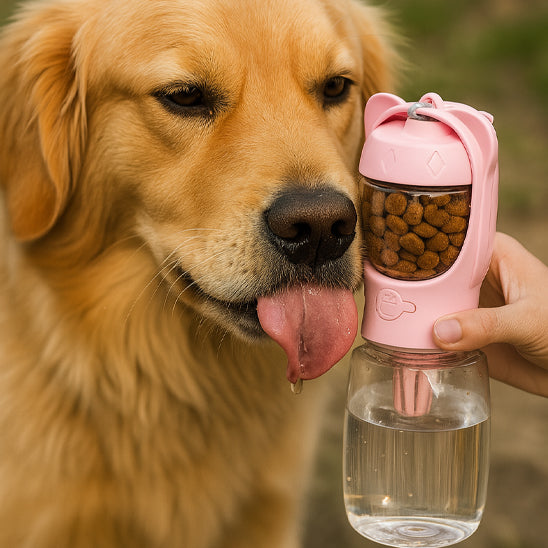 Golden Retriever s'approchant d'une gourde pour chien rose avec compartiment à nourriture.