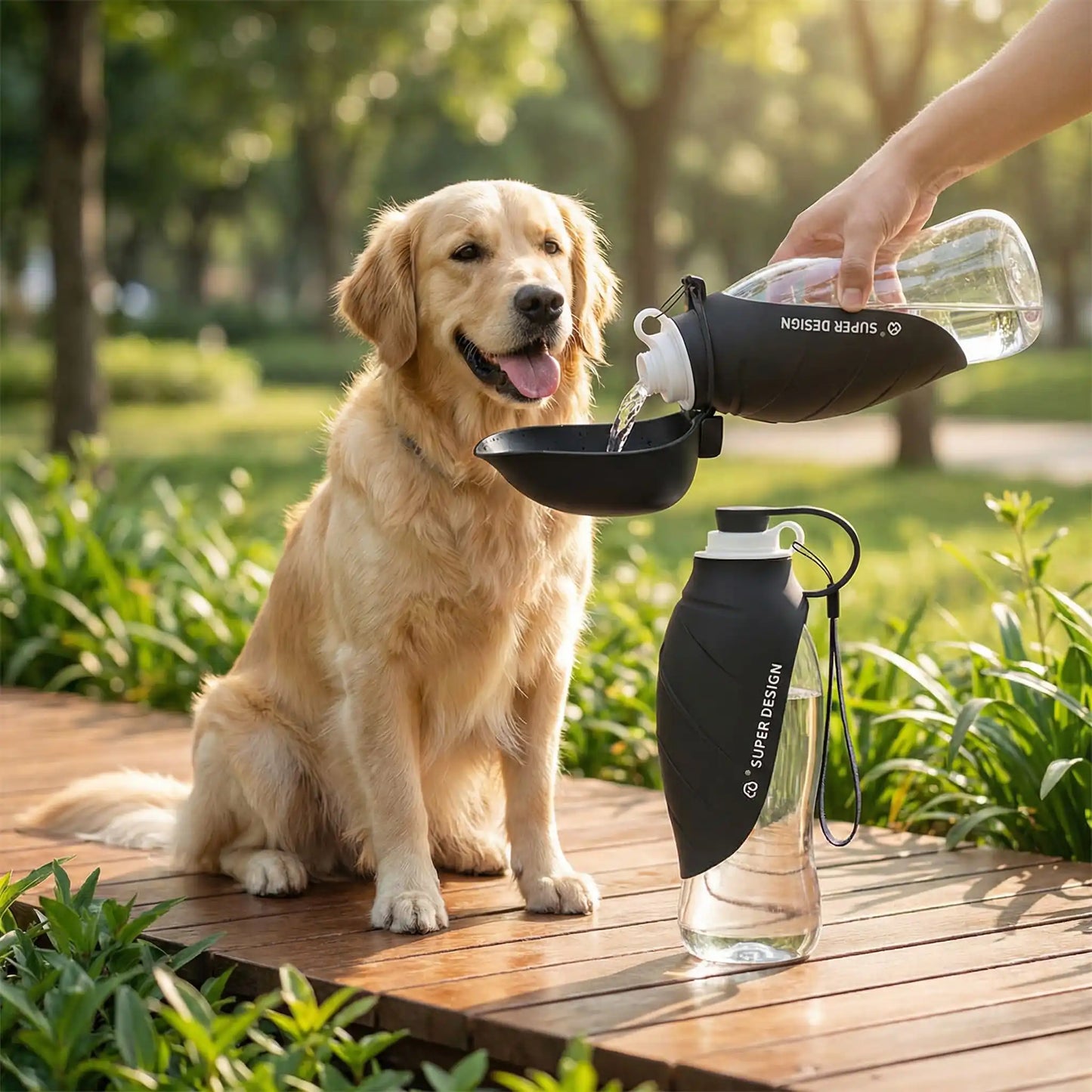 Golden Retriever buvant dans une gourdes pour chien noire avec texte blanc SUPER DESIGN.