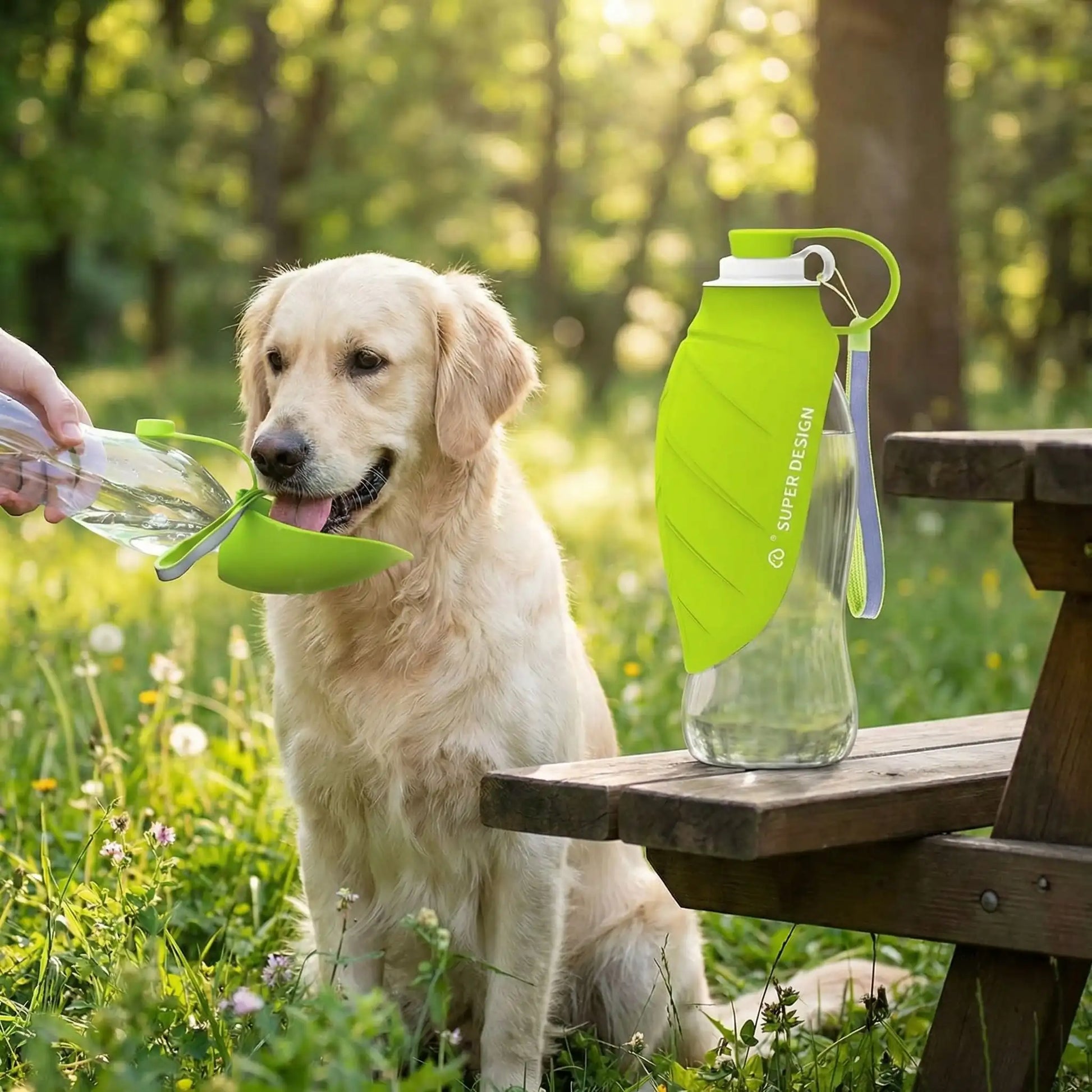 Golden Retriever assis près d'une gourdes pour chien verte marquée SUPER DESIGN sur un banc.