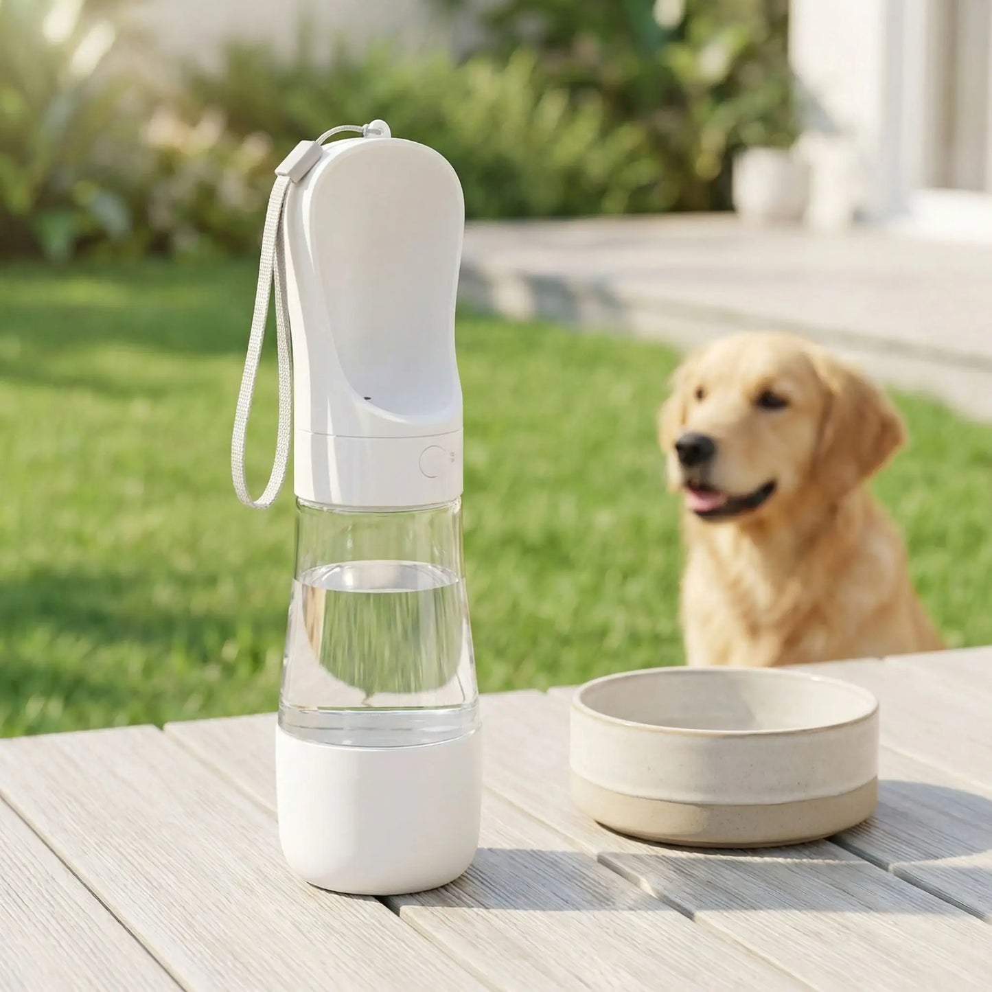Gourdes pour chiens modèle blanc posées sur une table en bois avec un Golden Retriever au loin.