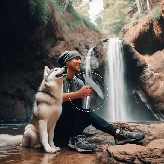 Homme assis près d'une cascade avec son Husky, tenant une gourdes pour chiens grise en acier.