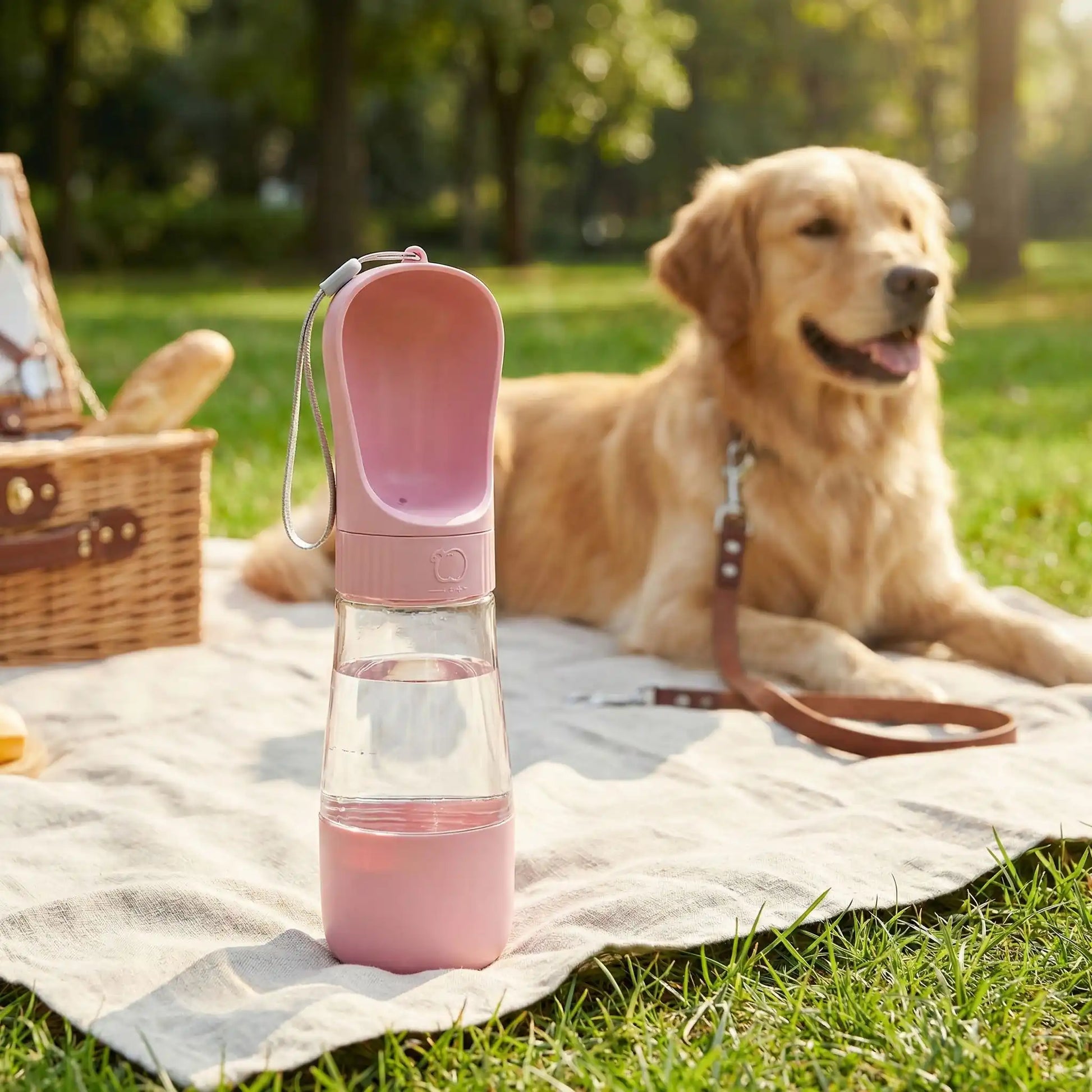Gourdes pour chiens modèle rose sur une nappe de pique-nique avec un Golden Retriever en arrière-plan.