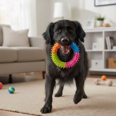 Chien noir type Flat-Coated Retriever portant un grand jouet chien anneau coloré dans son salon.