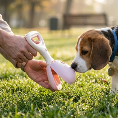 Un chien Beagle renifle une pelle a crotte chien rose tenue par une main dans l'herbe.