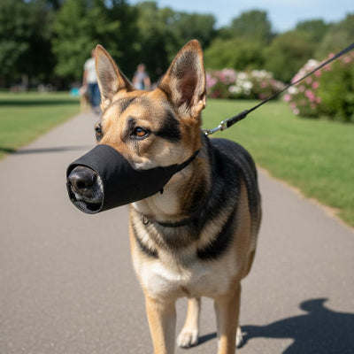 Gros plan d'un Berger Allemand muselé avec une muselière pour chien noire en extérieur.