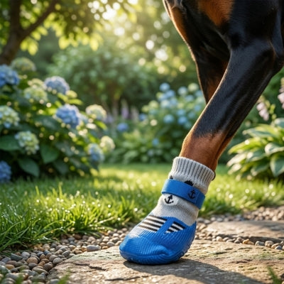 Zoom sur une patte de chien avec chaussette pour chien bleue à motif ancre dans un jardin.