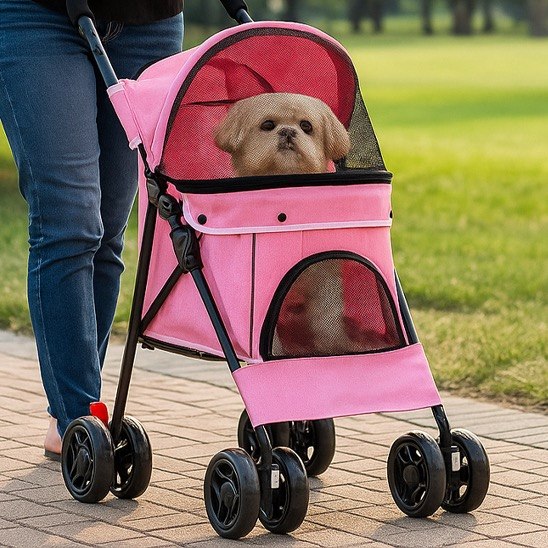 Détail d'une poussette pour chien rose sur un chemin pavé avec un Shih Tzu à l'abri.