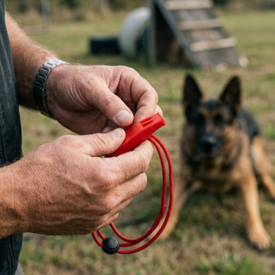 Gros plan sur un sifflet pour chien ultrason rouge tenu par un homme devant un Berger Allemand.