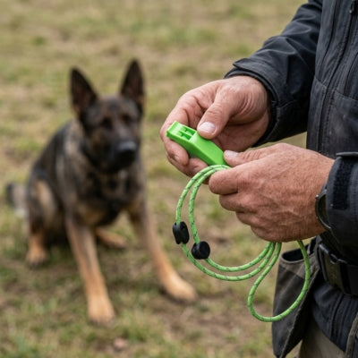 Gros plan sur un sifflet pour chien ultrason vert tenu devant un Berger Allemand assis.