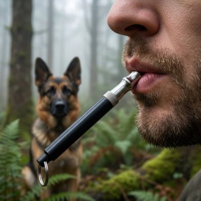 Gros plan d'un homme utilisant un sifflet ultrason pour chien avec un Berger Allemand en forêt.