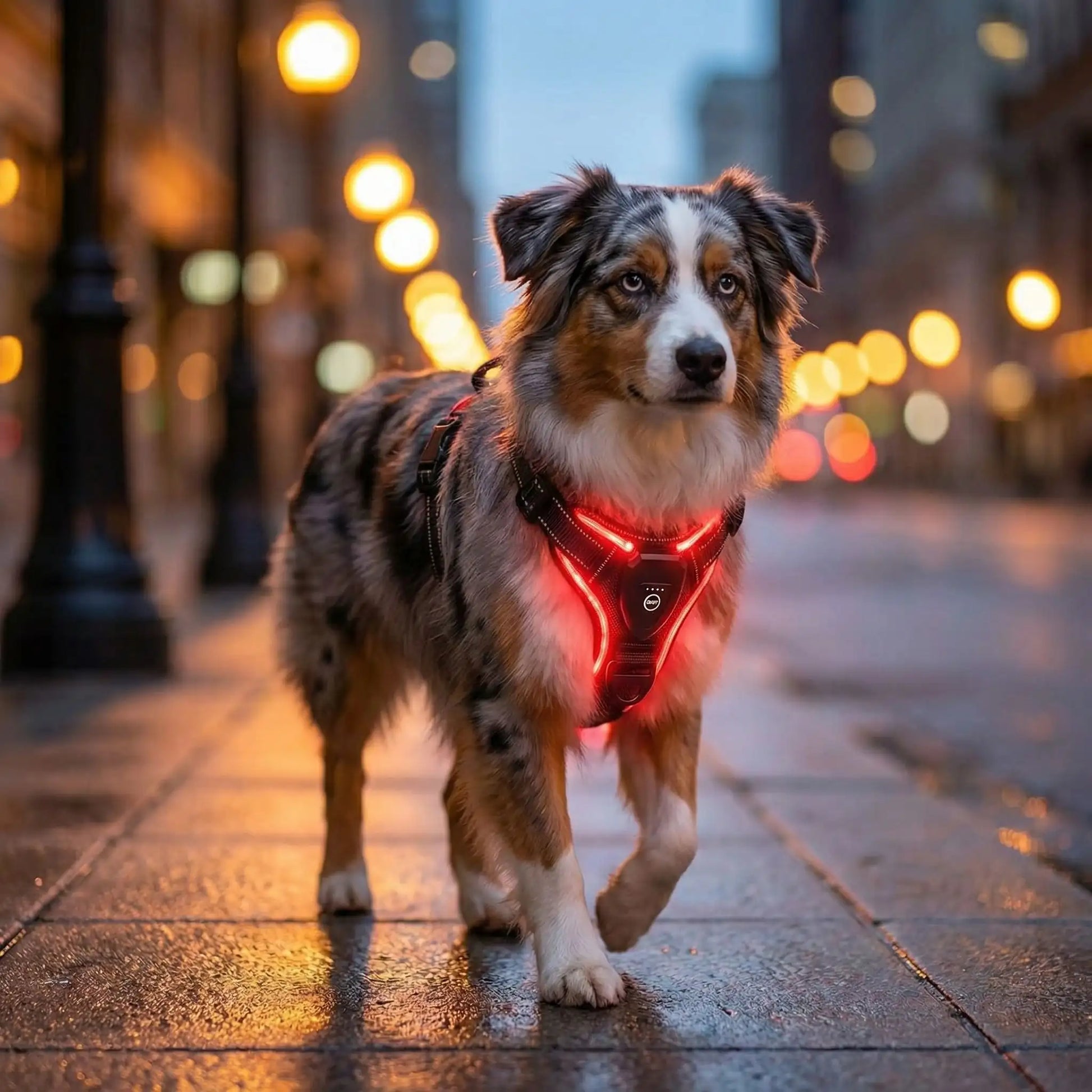 Berger Australien marchant en ville avec un harnais anti traction chien rouge illuminé.