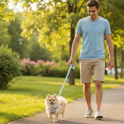 Homme marchant au parc avec un Poméranien portant un harnais anti traction chien bleu ciel.